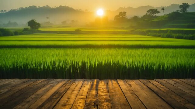 Aged brown wooden floor beside a green rice field illuminated by rays.