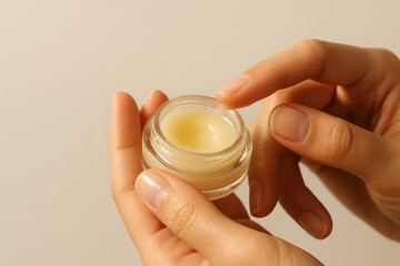 Lip balm application: A close-up shot showcasing the act of applying a hydrating lip balm. This image highlights the concept of skincare and personal care. 