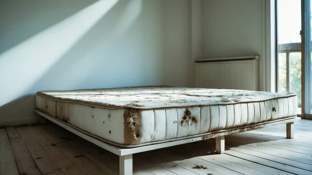 Tattered and unclean mattress in a forsaken room