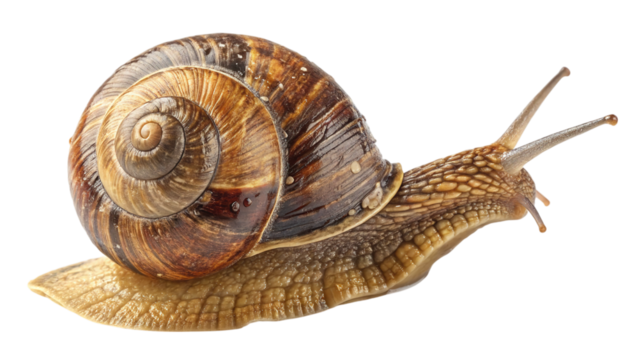A lone snail embarks on a slow, deliberate journey, its spiraled shell a testament to time and patience against a stark white backdrop.