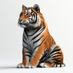 Obraz premium Majestic Tiger Sitting Elegantly on White Background, Showcasing Vibrant Orange Coat and Distinctive Stripes