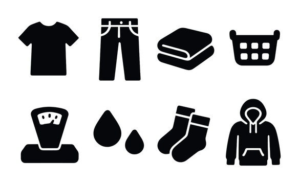 Laundry and clothing silhouette icons set – garments, apparel, washing symbols