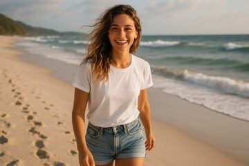 Joyful woman walking beach