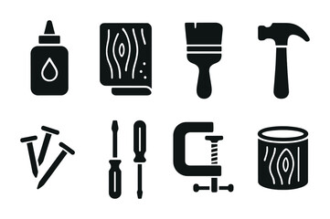Carpentry tools silhouette icons – woodworking, crafting, and diy essentials symbols
