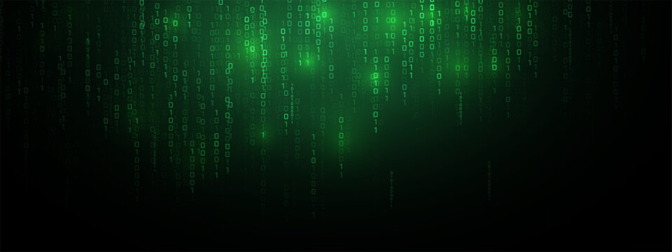 Vector digital code rain in a Matrix inspired futuristic style. High-tech backdrop with glowing binary characters. Binary Software Programming Code Background. Digital Data Technology Concept.