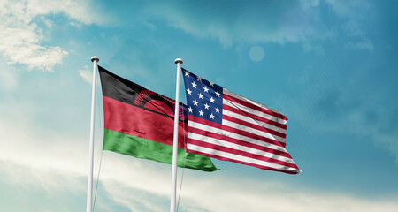 Malawi and America friendship flags are waving in the sky.Two country flag for agreement or deal. Malawi USA national flag for comittment.