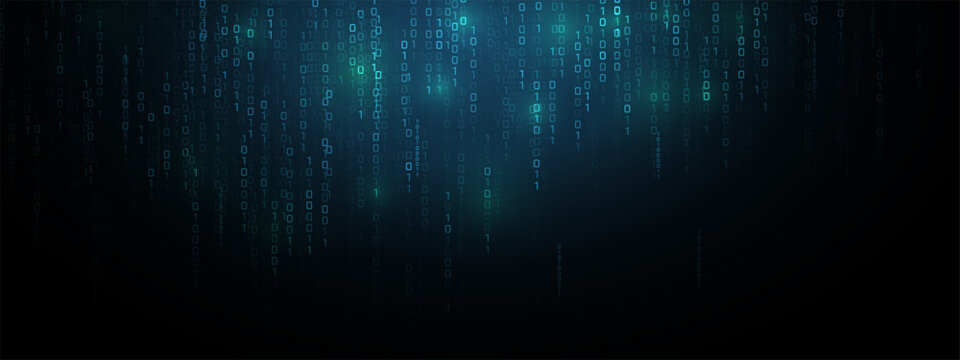 Vector digital code rain in a Matrix inspired futuristic style. High-tech backdrop with glowing binary characters. Binary Software Programming Code Background. Digital Data Technology Concept.