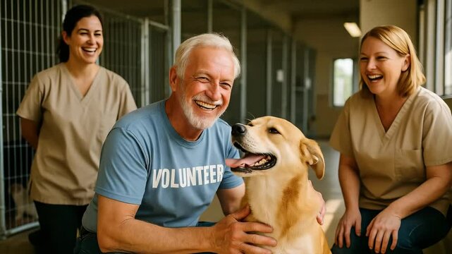 Volunteers helping dogs at animal shelter heartwarming scene indoor positive atmosphere