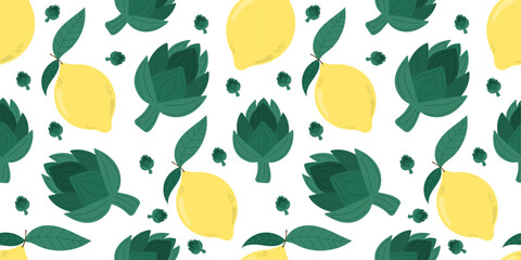 Artichoke and lemon seamless pattern vector with fresh green leaves on a white background — perfect for Mediterranean food packaging, organic produce branding, farmers market design, healthy lifestyle