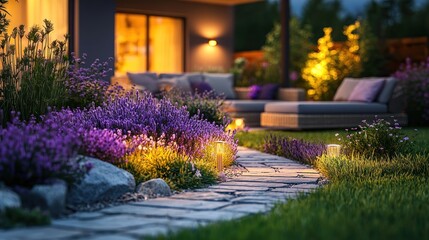 Obraz premium Tranquil garden path with lavender at twilight