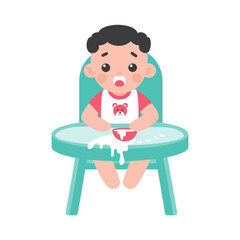 Messy Eating Baby Boy Sitting in High Chair with Spilled Food and Surprised Facial Expression
