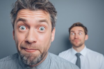 A surprised man stares at the camera with his eyes wide open, a second man is behind.