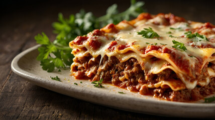 "Freshly Baked Beef Lasagna with Golden Crispy Edges on Rustic Wooden Background"