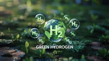 Green hydrogen molecule displayed on a globe over nature.