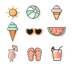 Cute Summer Icon Set – Sun, Ice Cream, Beach Ball, Flip Flops, Sunglasses, Watermelon, and Refreshing Drinks – Colorful Flat Design vector illustration design