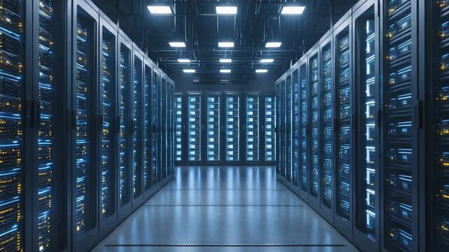 Network and server racks inside a telecommunications data center