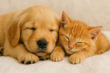 Adorable puppy kitten cuddle
