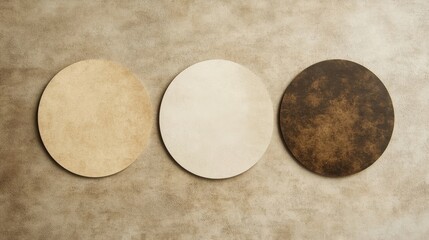 three round wooden coasters in beige off-white and brown