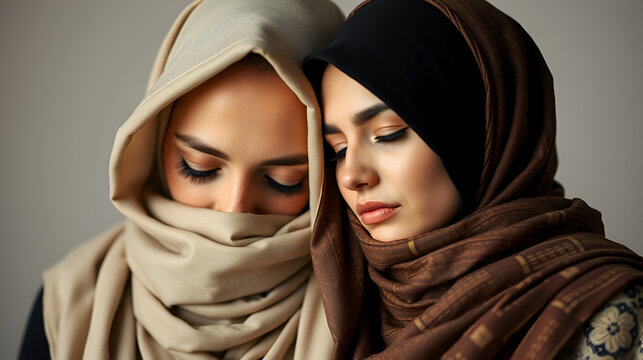 Two beautiful Iranian women wearing a hijab and a sheila with their eyes closed