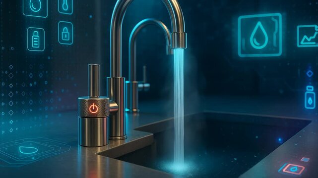 Futuristic Smart Kitchen Sink with Glowing Touchless Faucet and Digital Water Control Interface in Modern Setting

