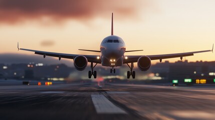 Fototapeta premium a large jetliner flying through a cloudy sky at dusk on a runway at an airport with lights on