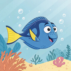 Cartoon Blue Tang Fish Vector Playful Bubbles and Coral Reef Design