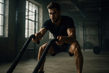 Intense battle ropes workout session.