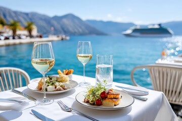 Elegant outdoor dining by the sea with wine, gourmet food, and a cruise ship in the background.