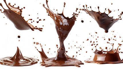 A Symphony of Chocolate Motion: A Collage of Dynamic Chocolate Splashes Frozen in Time, Showcasing the Liquid's Richness and the Artistry of a Delicious Collision.