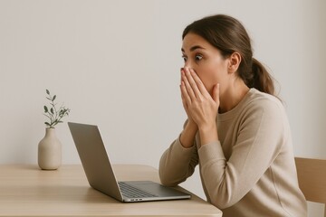 Surprised woman using laptop.