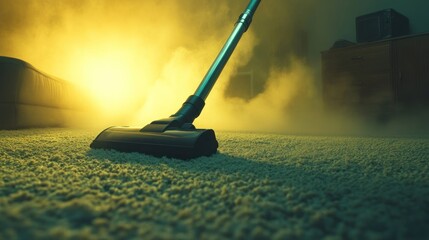 Vacuuming carpet in a dimly lit room