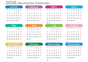 Calendar 2026 Year mockup. German version. Annual horizontal template with colored tabs on white background. Modern design. Editable format. EPS10.