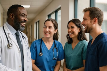 Diverse healthcare team smiling together.