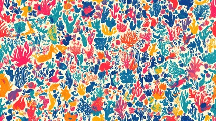vibrant, abstract, seamless pattern of stylized coral and marine plants in various colors, ideal for websites/blogs on ocean themes, underwater life, or environmental topics