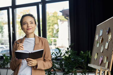 Professional woman engaged in creative planning and brainstorming at a modern office
