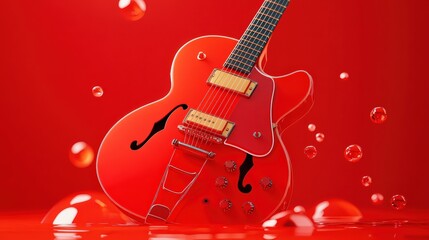 Fototapeta premium Red Electric Guitar in Red Liquid with Bubbles - Abstract Music Concept