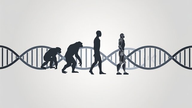 A visual evolution from primates to humans and robots, symbolizing the intersection of biology and technology.