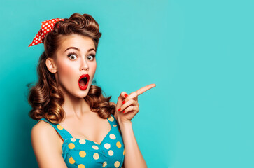 Woman surprise showing product .Beautiful pin up  girl  with curly hair  pointing to the side . Presenting your product. Isolated on white background. Expressive facial expressions