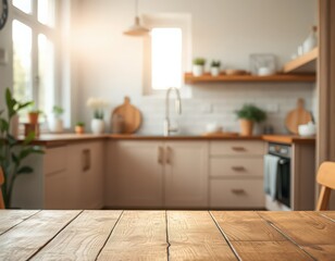 Modern kitchen empty wooden table window mockup sink in a hotel interior design