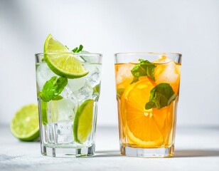 Fototapeta premium Two glasses of refreshing drinks—one with lime slices and mint, the other with ice and orange—set against a softly blurred, summery background.