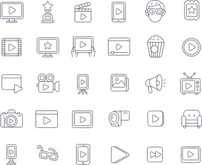 30 set of watching transparent background. vector illustration watching a video and movie style line outline icons