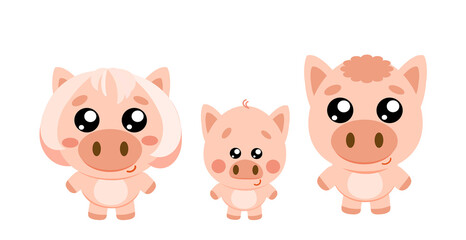 Cute Pig Family, Kawaii Cartoon Style Illustration for Kids