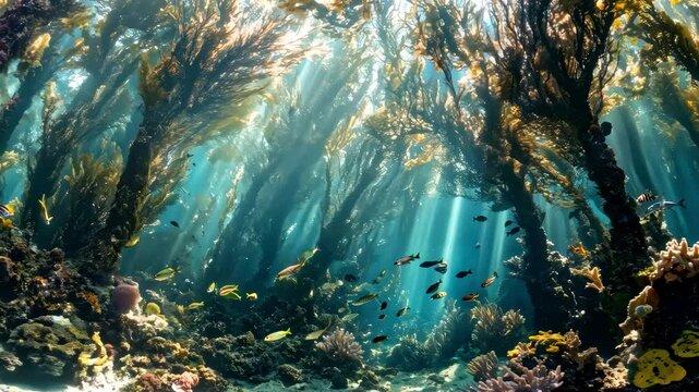 Sunlit Kelp Forest with Fish and Coral Reefs