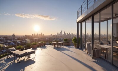 Sun-drenched modern apartment, city panorama from rooftop , Luxury,  condo