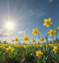 Sunlit daffodils burst forth in a vibrant yellow against a verdant field and azure sky ,  bloom,  botany