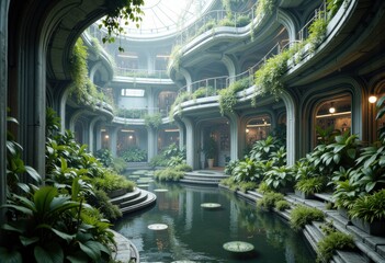 Lush indoor garden with a serene water feature and elegant architecture