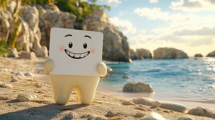 cartoon tooth character with a happy face stands on a beach. Could be used for dental health blogs/sites, children's content.