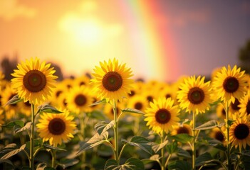 Fototapeta premium Vibrant sunflowers in a field under a colorful rainbow at sunset