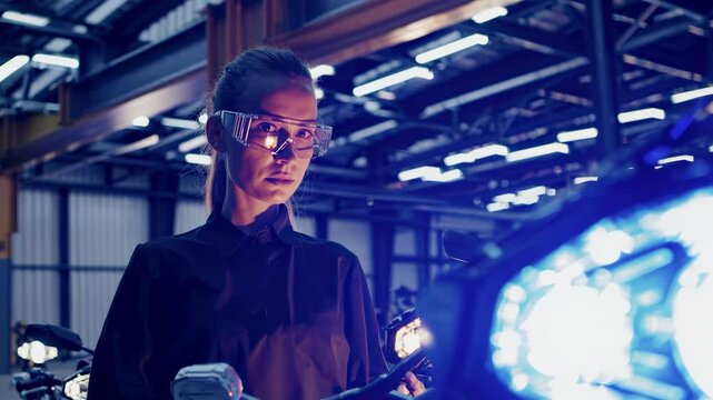 Woman amid machines under intense light in industrial space evokes technology innovation ambition fits for business career manufacturing start ups automation future professions