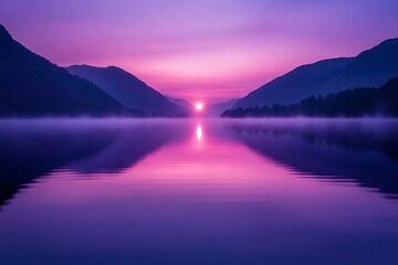 Fototapeta premium Misty lake twilight with purple to blue sky gradient glowing reflections tranquil mood soft focus edges natural light realism
